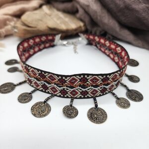 FP Jewelry Boho Choker Embellished Coins Embroidered Ethnic Necklace